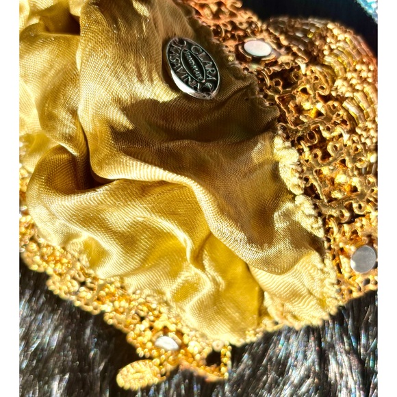 Vintage Clara Kasavina Gold Beaded Rhinestone Evening Clutch Bag Optional Chain